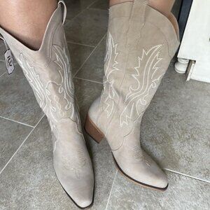🆕Women Beige Faux Leather Western Cowgirl Chunky Heel Mid Calf Snip Toe Boots